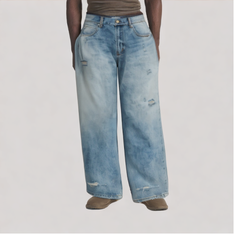 Distressed Wide Leg Jeans with Whiskers