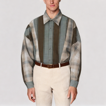 Retro Contrast Color Patchwork Long Sleeved Shirt