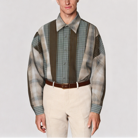 Retro Contrast Color Patchwork Long Sleeved Shirt