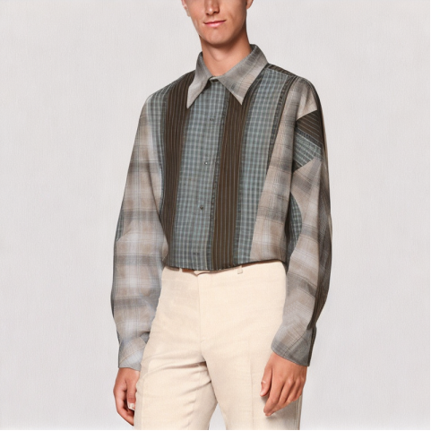 Retro Contrast Color Patchwork Long Sleeved Shirt