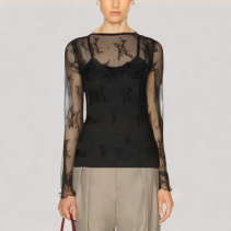 Jacquard Lace V Neck Long Sleeved Top