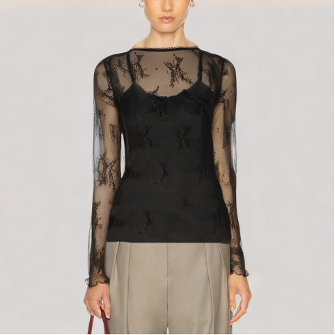 Jacquard Lace V Neck Long Sleeved Top