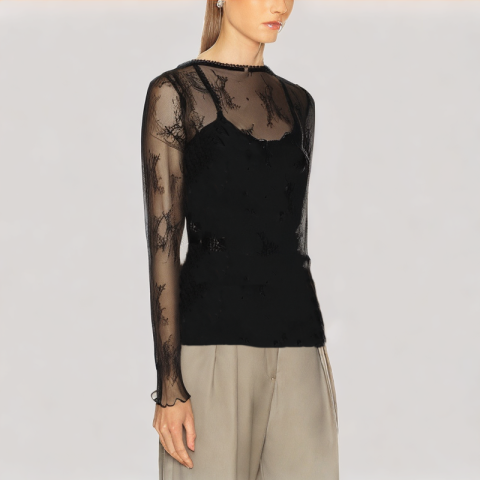Jacquard Lace V Neck Long Sleeved Top