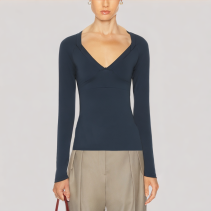 V Neck Solid Color Long-Sleeved Top