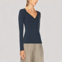 V Neck Solid Color Long-Sleeved Top