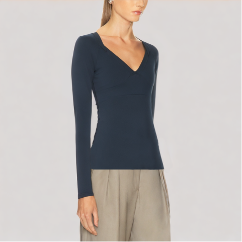 V Neck Solid Color Long-Sleeved Top