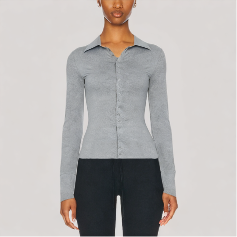 Gray Versatile Lapel Long Sleeved Top
