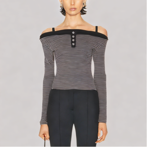 Slim Fitting One Shoulder Neckline Long Sleeved Top