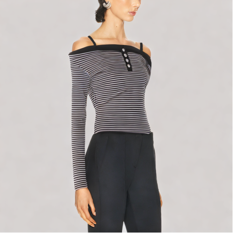 Slim Fitting One Shoulder Neckline Long Sleeved Top