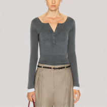 Contrast Color False Two Piece Long Sleeved Top