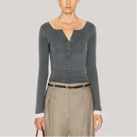 Contrast Color False Two Piece Long Sleeved Top