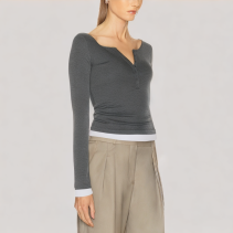 Contrast Color False Two Piece Long Sleeved Top