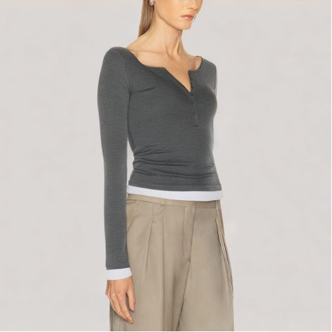 Contrast Color False Two Piece Long Sleeved Top