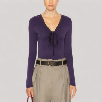 Purple Lace V Neck Long Sleeved Top