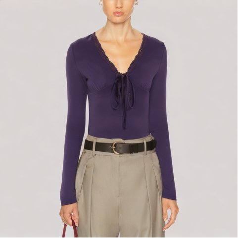 Purple Lace V Neck Long Sleeved Top