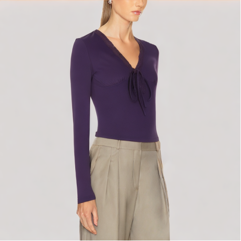 Purple Lace V Neck Long Sleeved Top