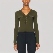 Vintage Green V Neck Long Sleeved Top