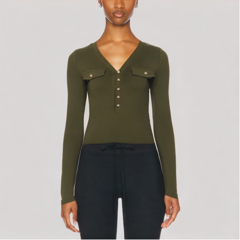 Vintage Green V Neck Long Sleeved Top