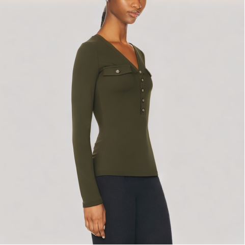 Vintage Green V Neck Long Sleeved Top