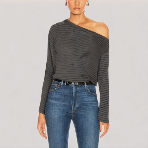 Contrast Striped Off Shoulder Long Sleeve Top