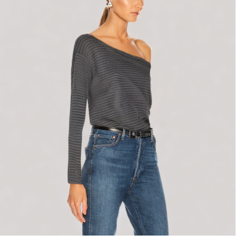 Contrast Striped Off Shoulder Long Sleeve Top