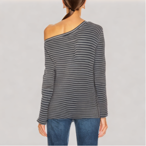 Contrast Striped Off Shoulder Long Sleeve Top