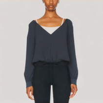 Simple and Elegant V Neck Long Sleeved Top