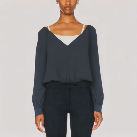 Simple and Elegant V Neck Long Sleeved Top