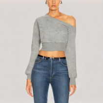 Off Shoulder Long Sleeved Gray Top