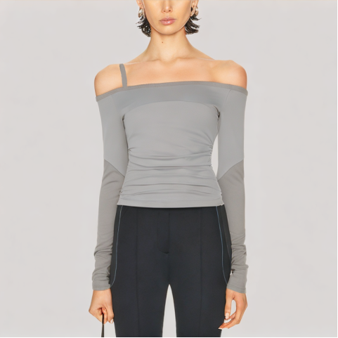 Solid Color Shirred Long Sleeved Top