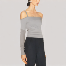 Solid Color Shirred Long Sleeved Top