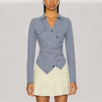 Blue Striped V Neck Long Sleeved Shirt