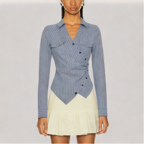 Blue Striped V Neck Long Sleeved Shirt