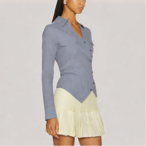Blue Striped V Neck Long Sleeved Shirt